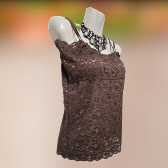 Dark Brown Lace Long Camisole Lace Tank Top Stretchy Long Camisole - Size L- NEW - Picture 1 of 14
